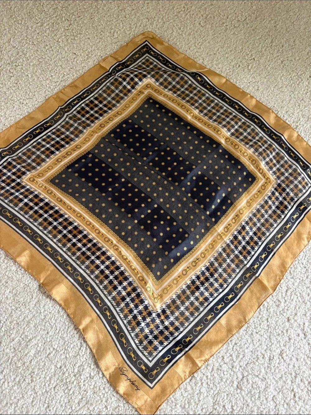 Vintage SYMPHONY SCARF Collectible Square Scarf gold  black